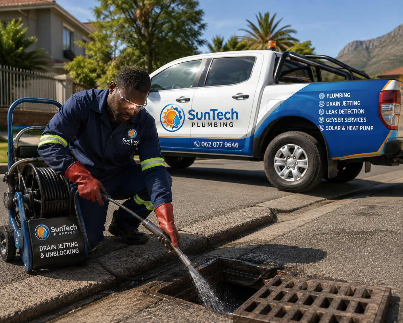 High-pressure drain jetting equipment clearing a blocked pipe